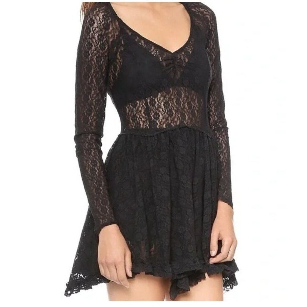 Intimately Free People Sheer Full Lace Assymetrical Hem Long Sleeve Skater Dress
